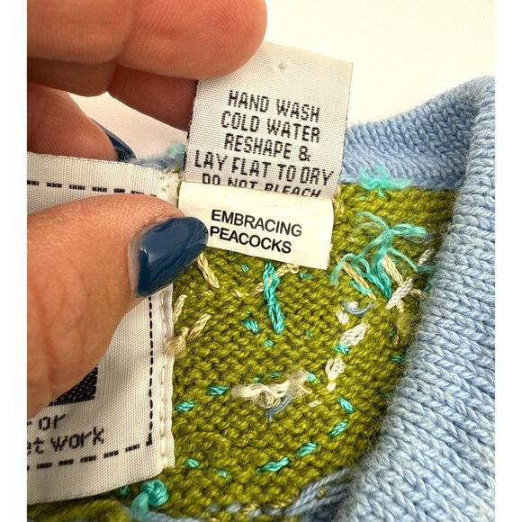 Storybook Knits Women's Blue/Green Button Up Cardigan Sweater Embracing Peacocks - Picture 7 of 12